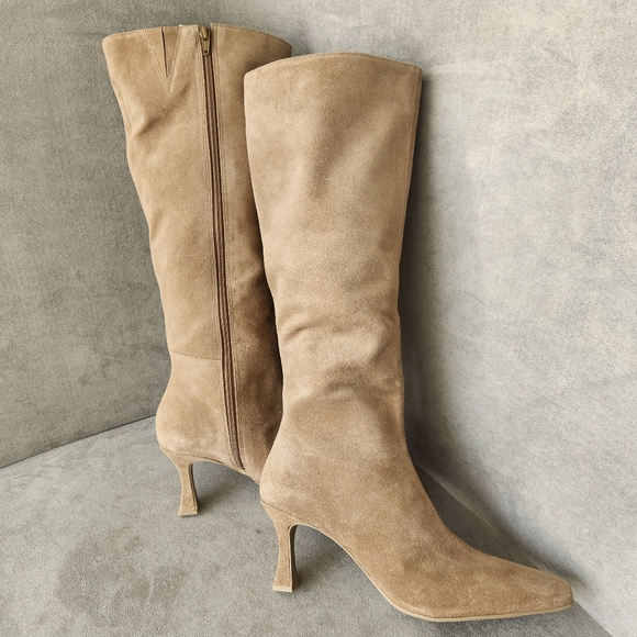 Gianni Bini Shoes - Gianni Bini heeled boots 9.5 beige suede CatWalk knee high snip toe tall new$130